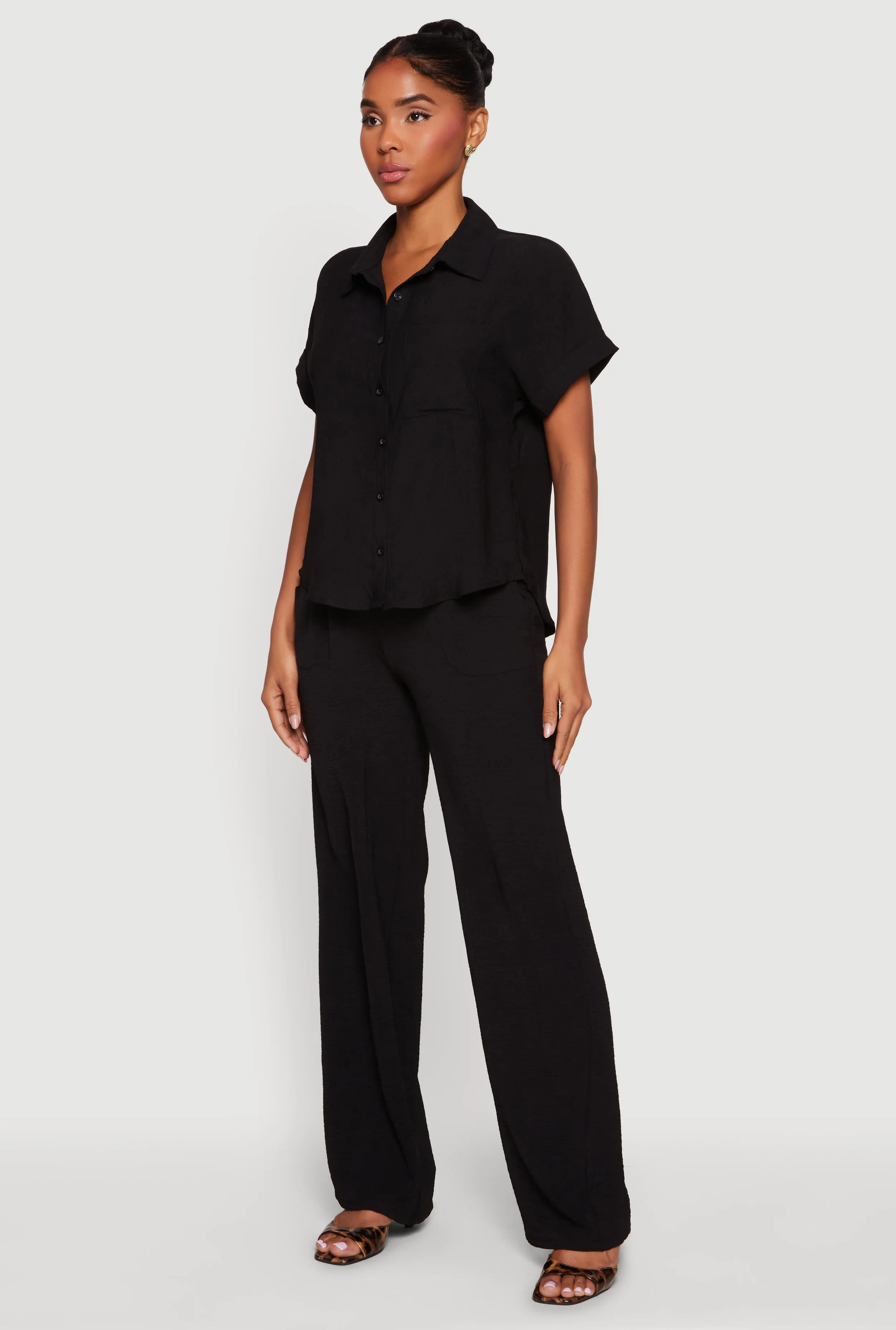 Button Front Crepe Knit Short Sleeve Shirt sold by Rainbow product image thumbnail 3