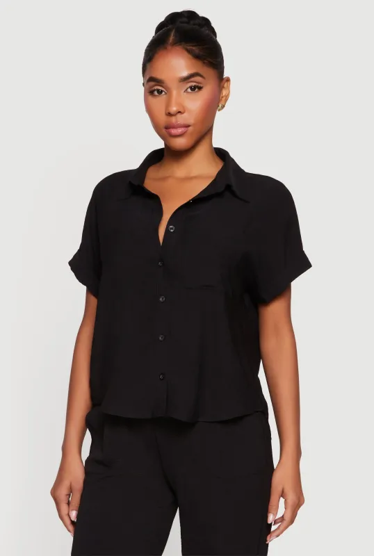 Button Front Crepe Knit Short Sleeve Shirt made by Rainbow