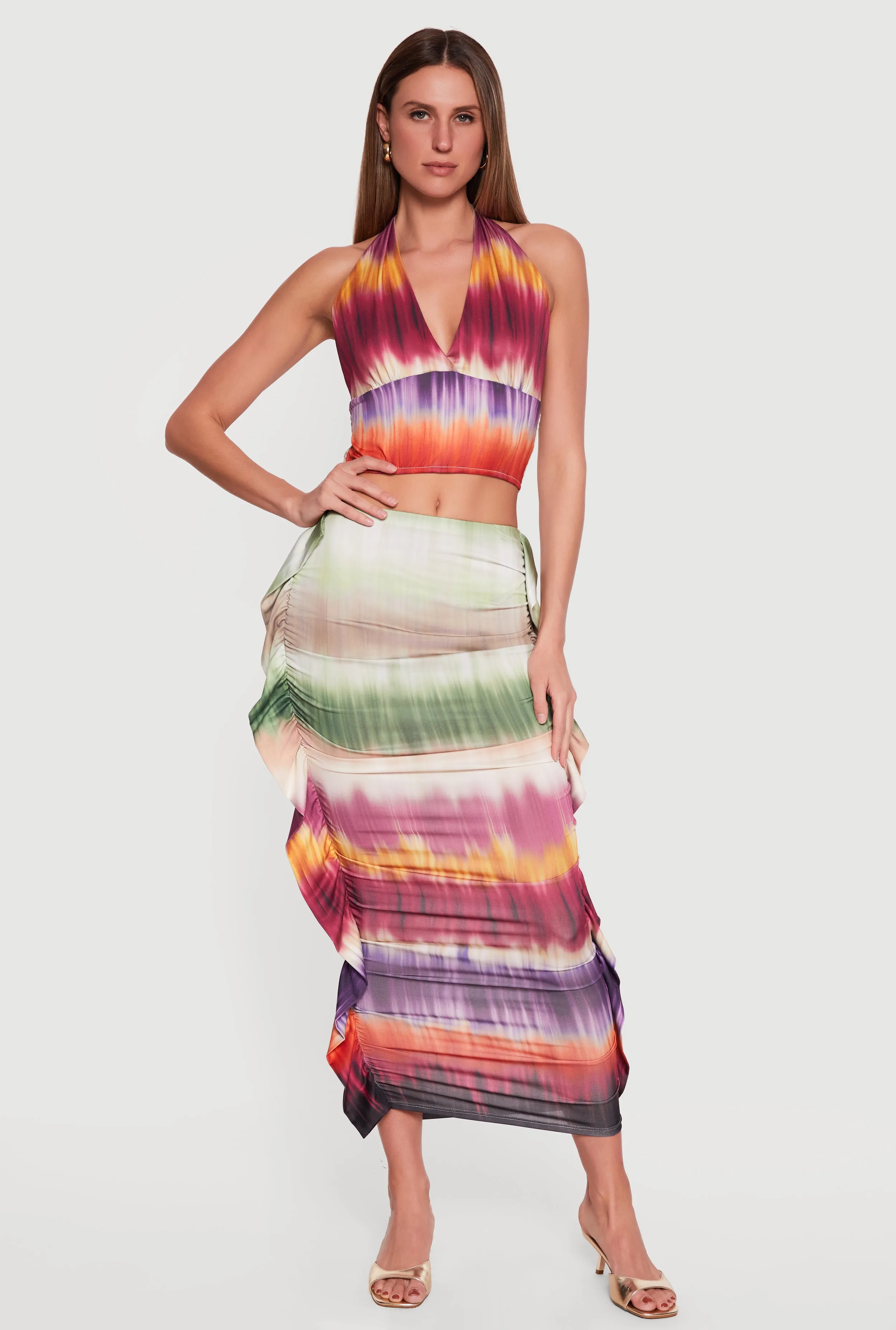 Ruched Midi Skirt with Side Ruffles sold by Rainbow