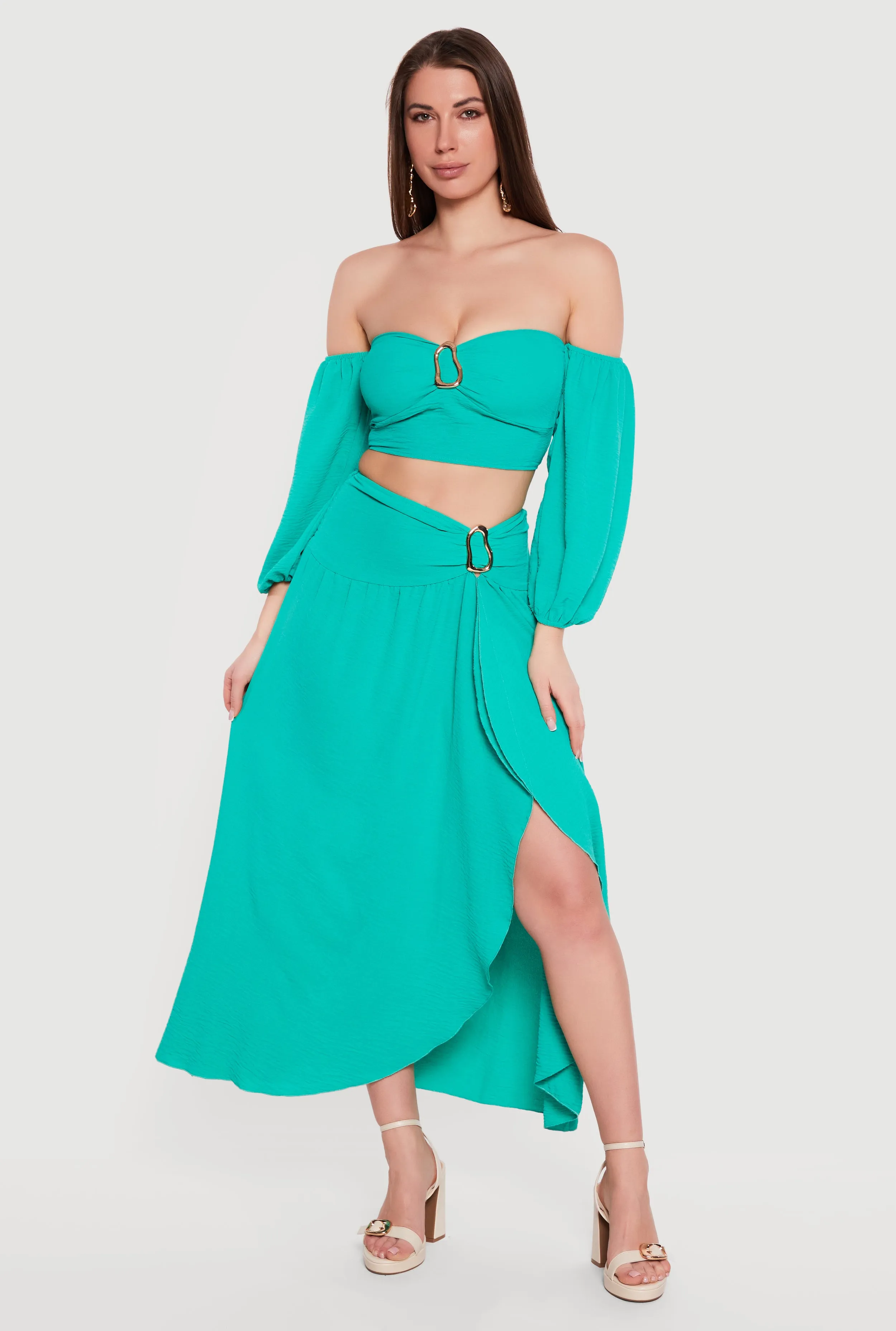 Metallic Detail Faux Wrap Maxi Skirt sold by Rainbow