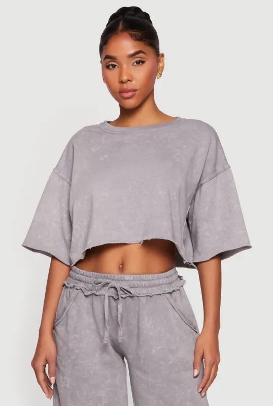 Acid Wash Short Sleeve Fleece Cropped Sweatshirt made by Rainbow