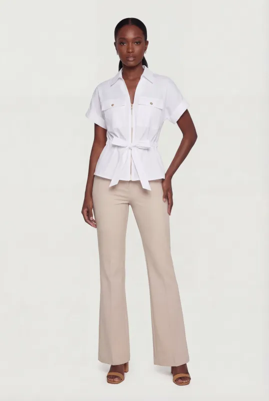 Zip Front Tie Waist Poplin Utility Shirt made by Rainbow