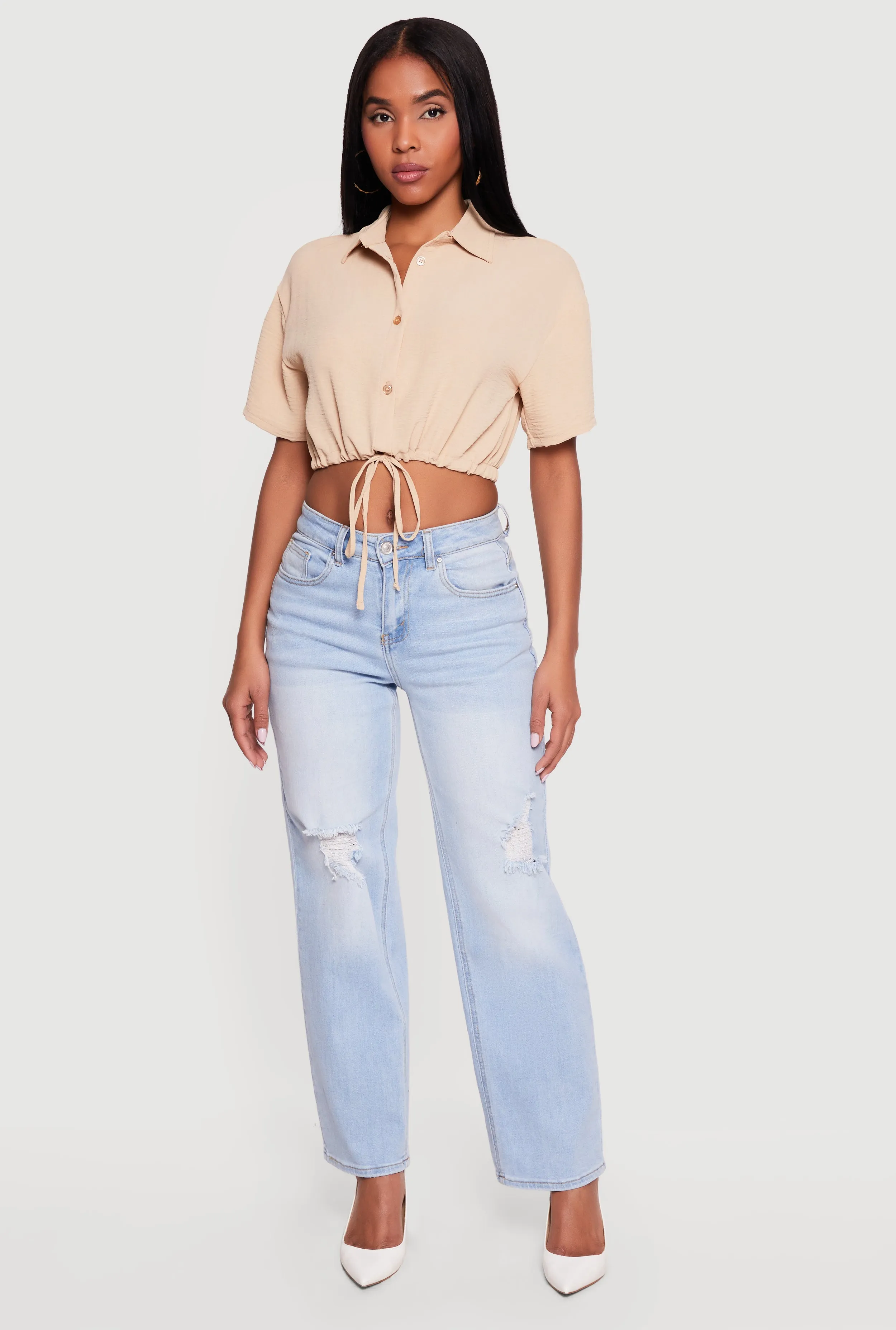 Crepe Knit Cropped Drawstring Waist Shirt sold by Rainbow product image thumbnail 2