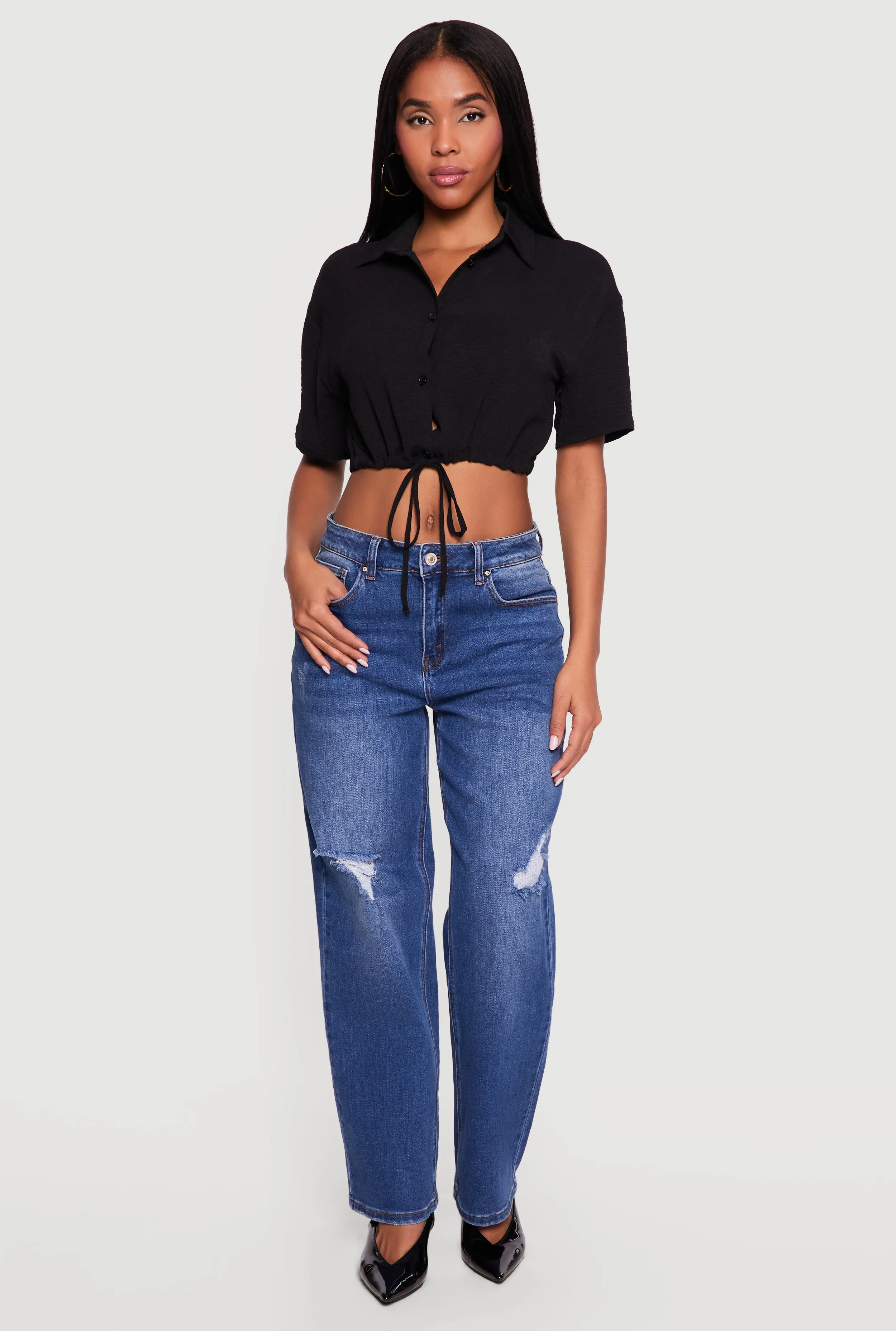 Crepe Knit Cropped Drawstring Waist Shirt sold by Rainbow