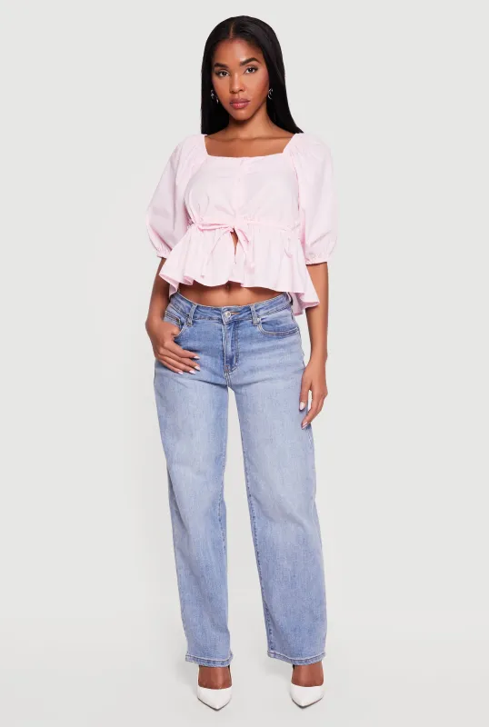 Square Neck Tie Waist Puff Sleeve Crop Top sold by Rainbow