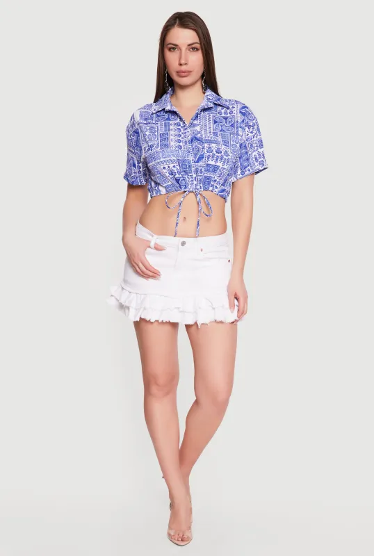 Patterned Drawstring Waist Crop Top made by Rainbow