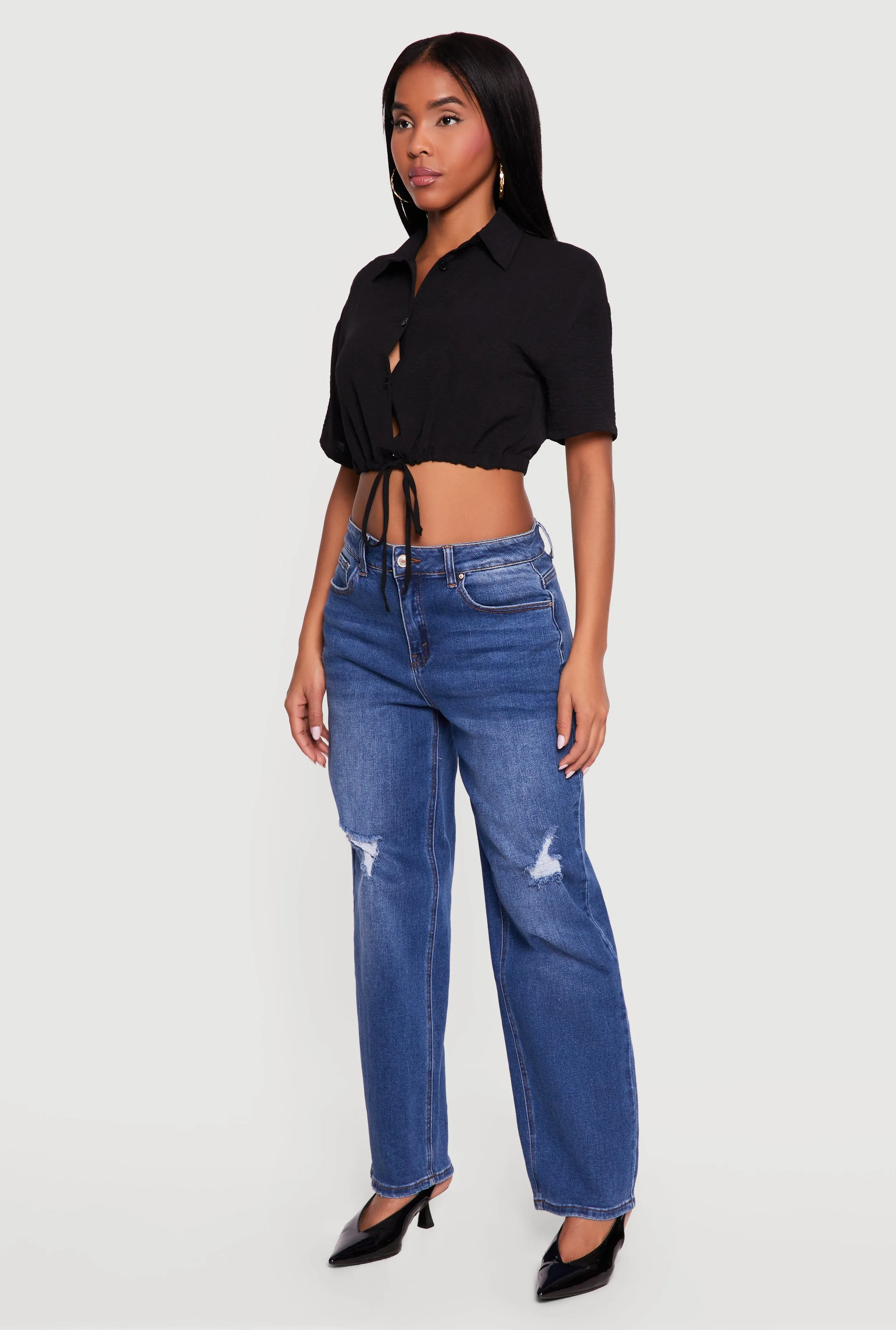 Crepe Knit Cropped Drawstring Waist Shirt sold by Rainbow product image thumbnail 3