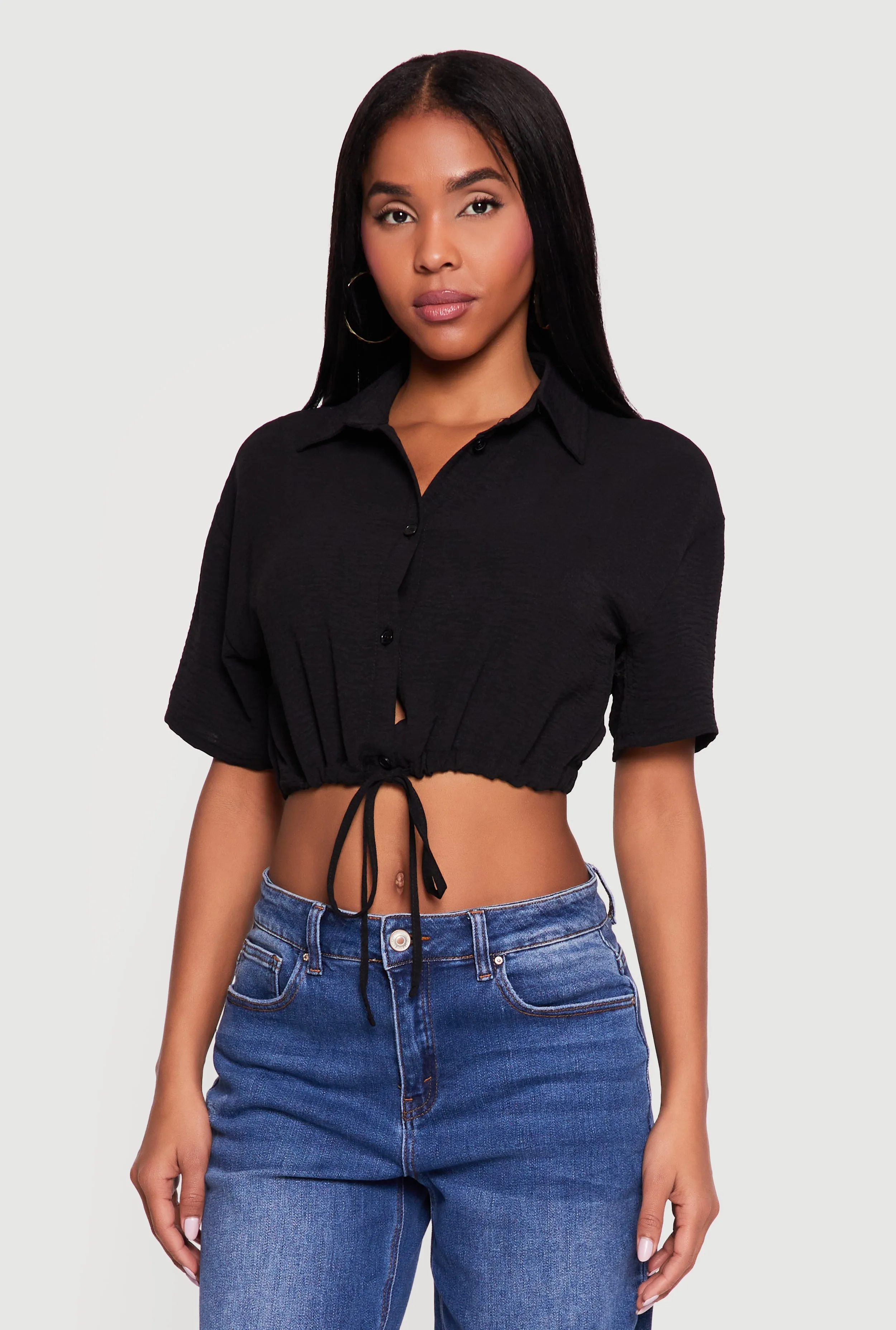 Crepe Knit Cropped Drawstring Waist Shirt sold by Rainbow product image thumbnail 2