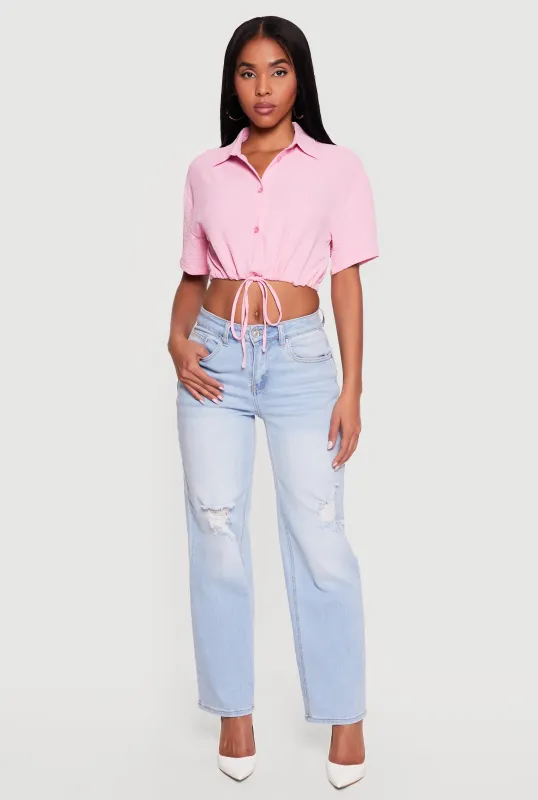 Crepe Knit Cropped Drawstring Waist Shirt made by Rainbow