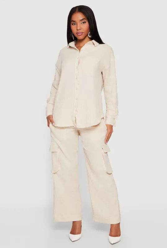 Gauze Knit Wide Leg Cargo Pants made by Rainbow