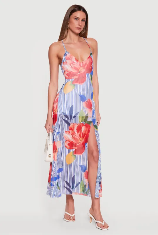 Floral Striped Criss Cross Back Front Slit Maxi Dress made by Rainbow