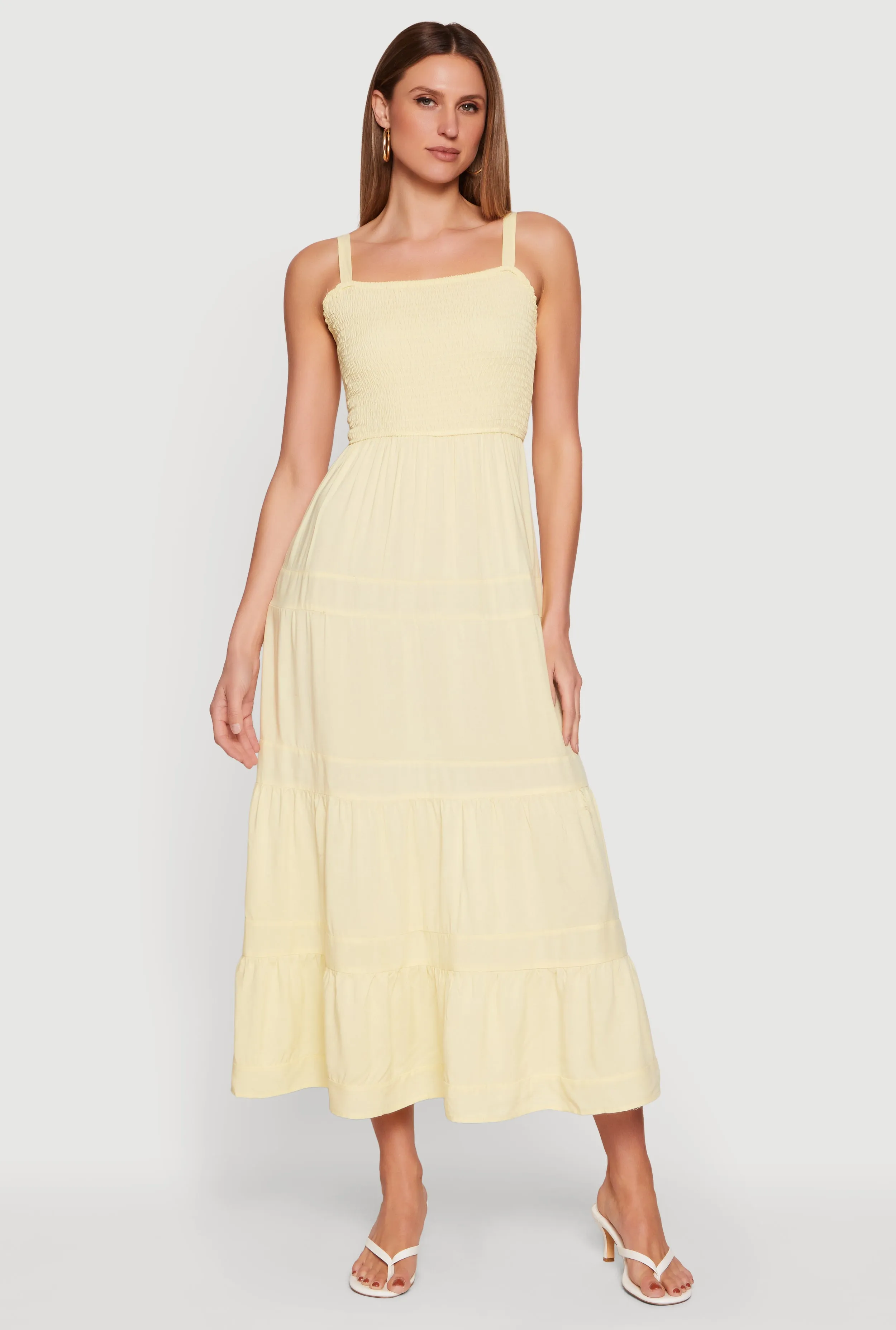 Square Neck Smocked Tiered Midi Dress sold by Rainbow