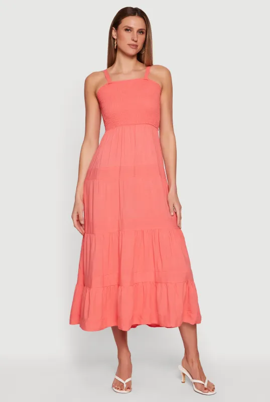 Square Neck Smocked Tiered Midi Dress made by Rainbow