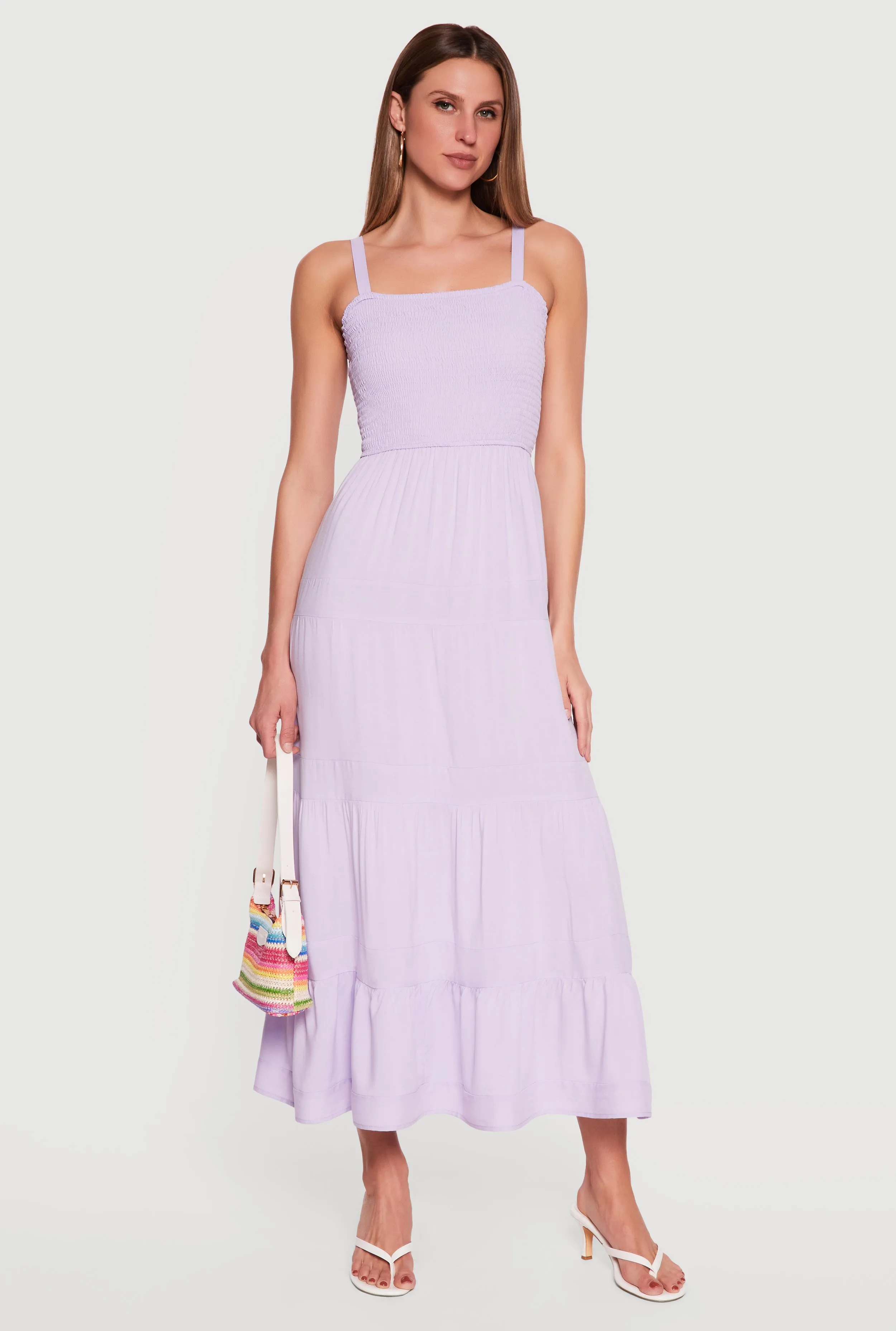 Square Neck Smocked Tiered Midi Dress sold by Rainbow