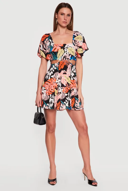 Leaf Print Cut Out Detail Tiered Mini Dress sold by Rainbow