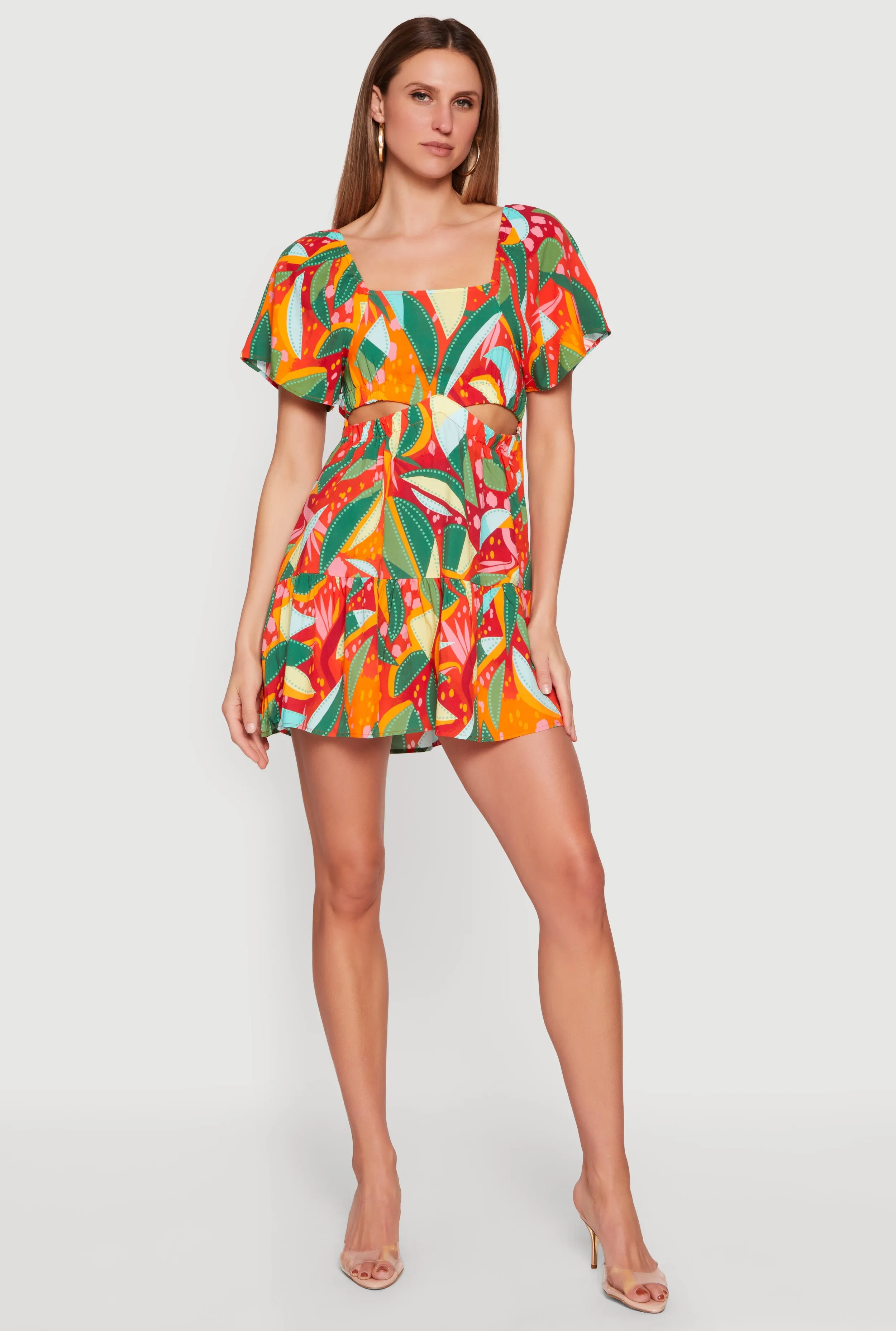 Patterned Short Sleeve Tiered Mini Dress sold by Rainbow