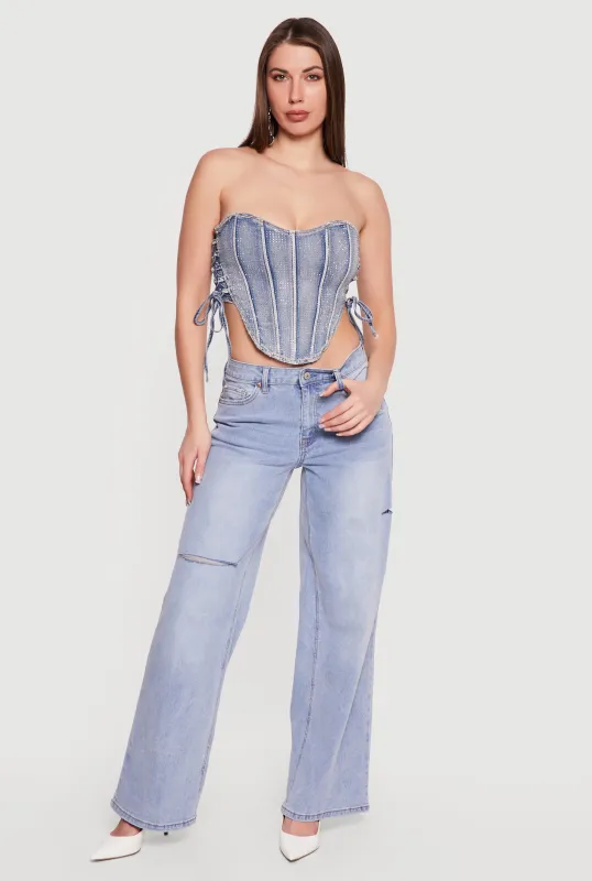 Denim Lace Up Sides Rhinestone Corset Crop Top sold by Rainbow