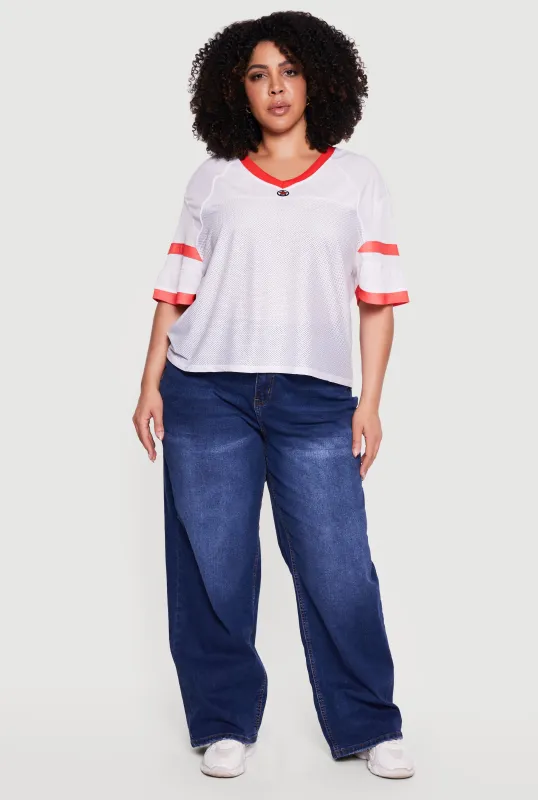 Plus Size Varsity Stripe Detail Short Sleeve Jersey Top made by Rainbow