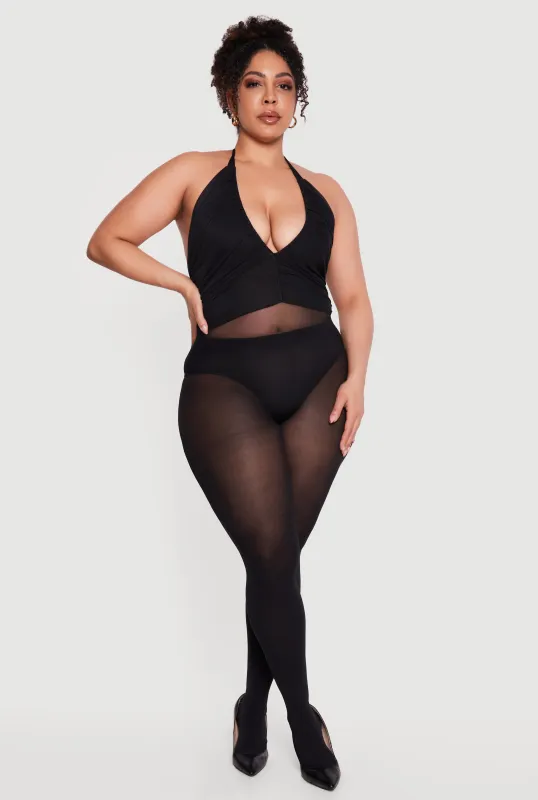 Plus Size Metallic Detail Ruched Mesh Halter Bodysuit made by Rainbow