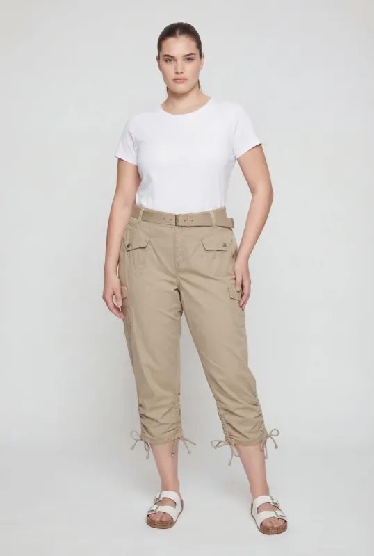 Plus Size Belted Cargo Capri Pants with Ruched Drawstring Hem made by Rainbow