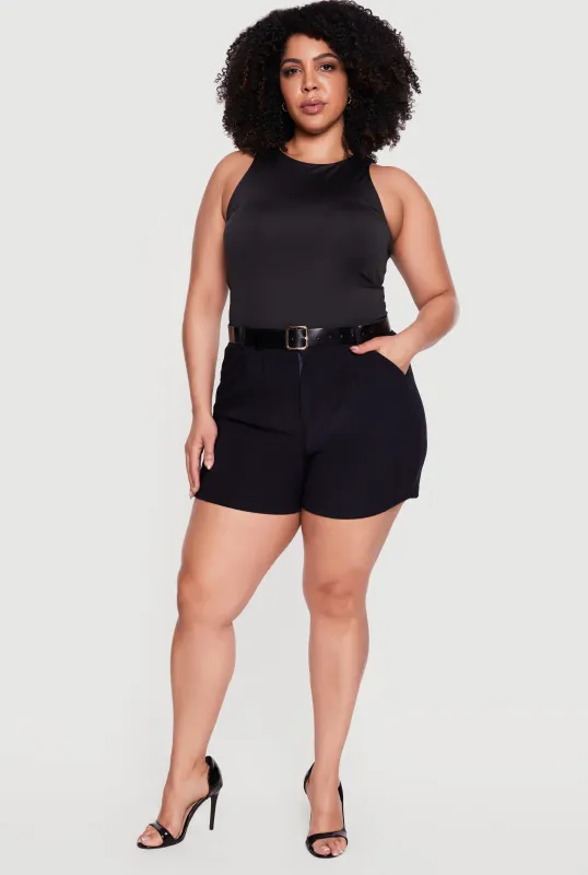 Plus Size Belted High Waisted Pleated Shorts made by Rainbow