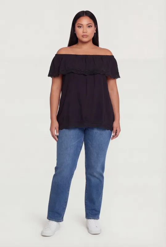 Plus Size Lace Trim Off The Shoulder Blouse sold by Rainbow