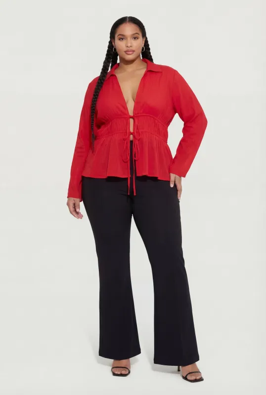 Double Tie Front Collared Long Sleeve Blouse made by Rainbow