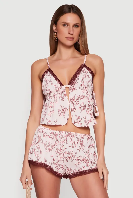 Floral Satin Lace Detail Side Tie Cropped Cami made by Rainbow