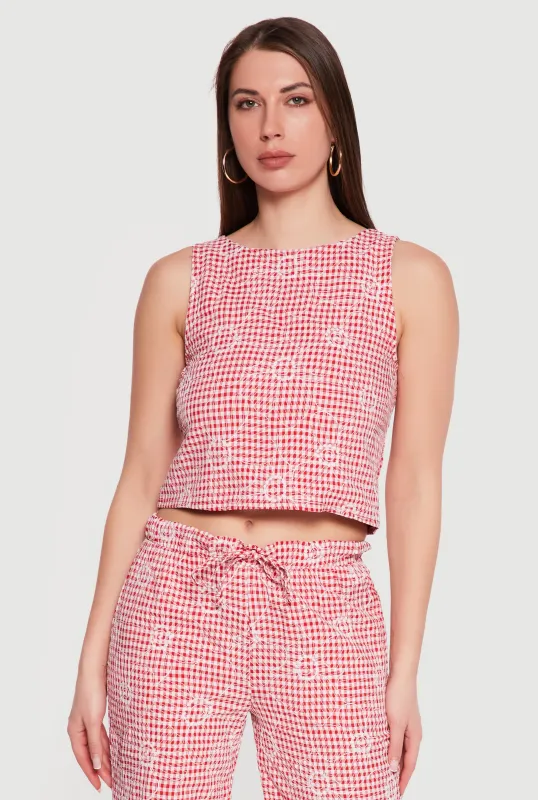 Floral Decorative Stitch Gingham Tie Back Crop Top made by Rainbow