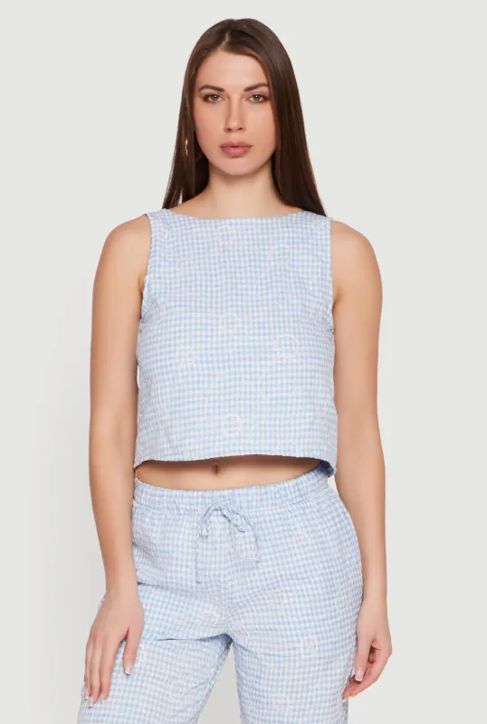 Floral Decorative Stitch Gingham Tie Back Crop Top made by Rainbow