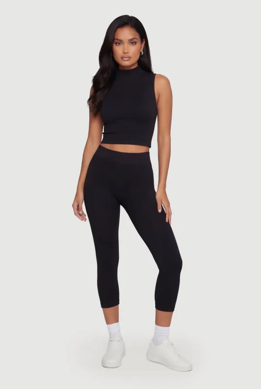 Seamless Mock Neck Crop Top and Capri Leggings Set made by Rainbow