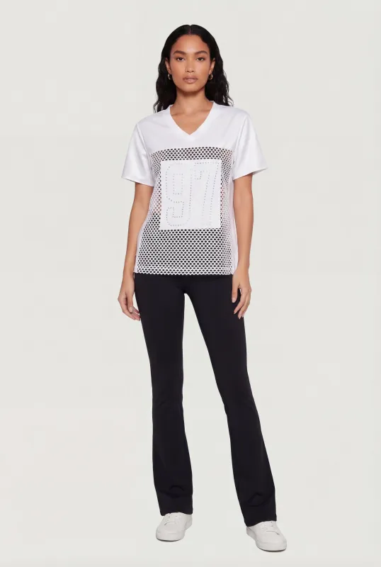 Faux Leather Fishnet Insert Studded 97 Graphic Top sold by Rainbow