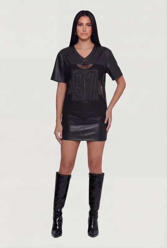 Faux Leather Fishnet Insert Studded 97 Graphic Top made by Rainbow