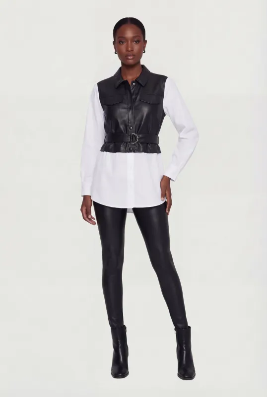 Faux Leather and Poplin Long Sleeve Belted Shirt sold by Rainbow