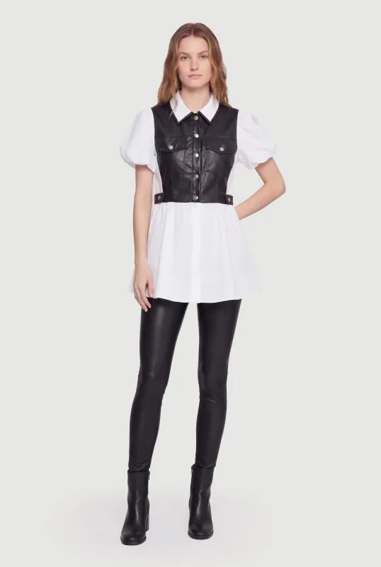 Faux Leather and Poplin Puff Sleeve Top made by Rainbow