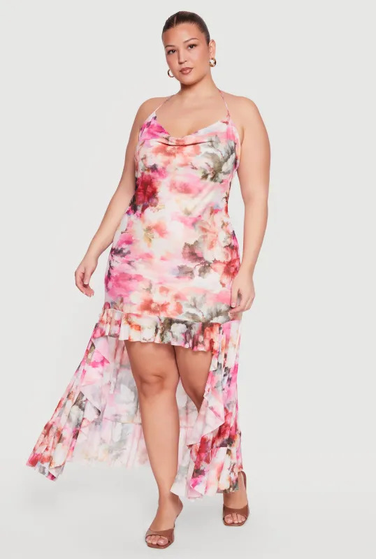 Plus Size Floral Tie Dye Cowl Neck High Low Dress sold by Rainbow