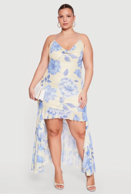 Plus Size Floral Cowl Neck High Low Dress with Ruffles made by Rainbow