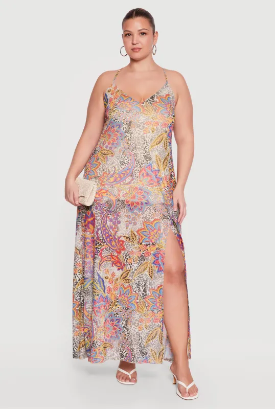 Plus Size Side Slit Patterned Mesh Overlay Maxi Dress made by Rainbow