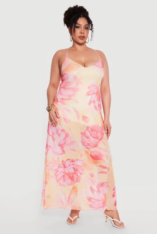 Plus Size Floral Mesh Criss Cross Back Maxi Dress made by Rainbow