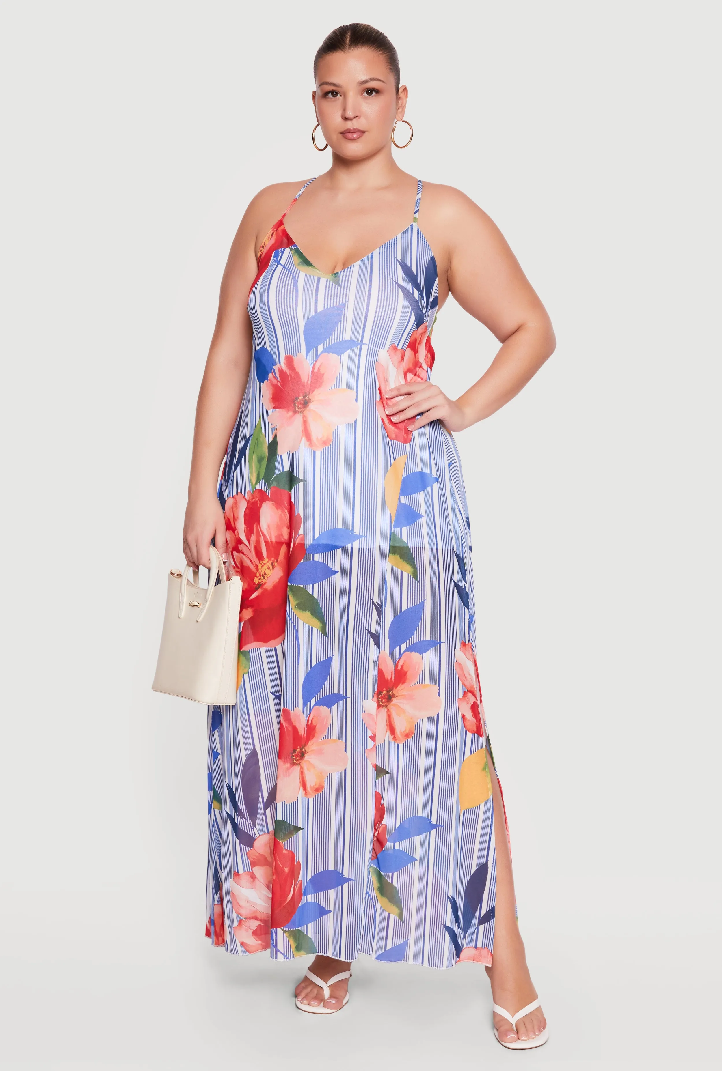 Plus Size Sleeveless Floral Striped Maxi Dress sold by Rainbow
