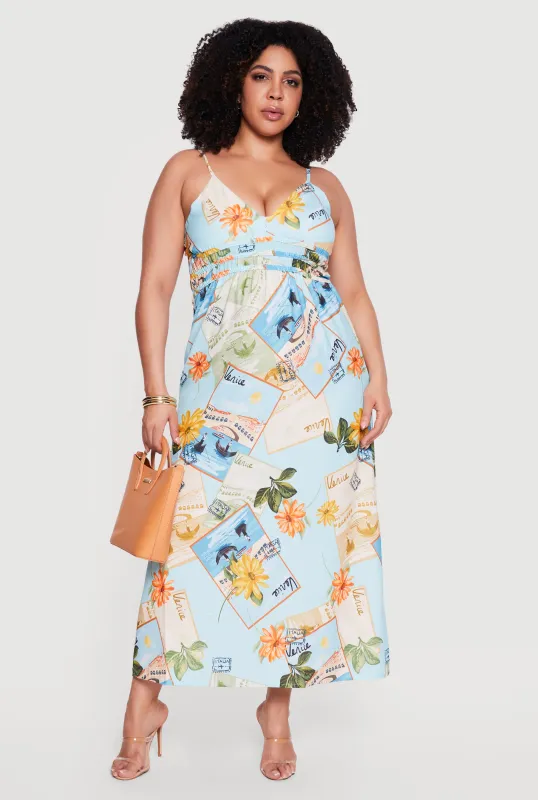 Plus Size Postcard Print Cami Maxi Dress made by Rainbow