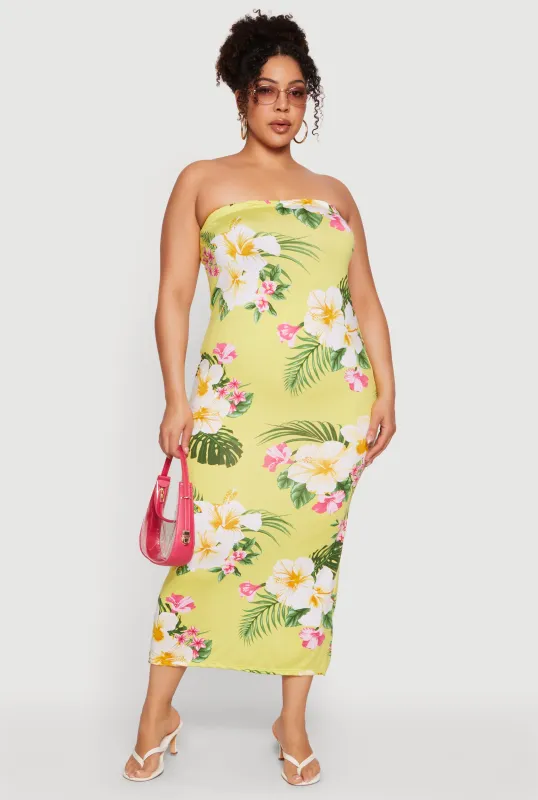 Plus Size Tropical Floral Slit Back Maxi Tube Dress made by Rainbow