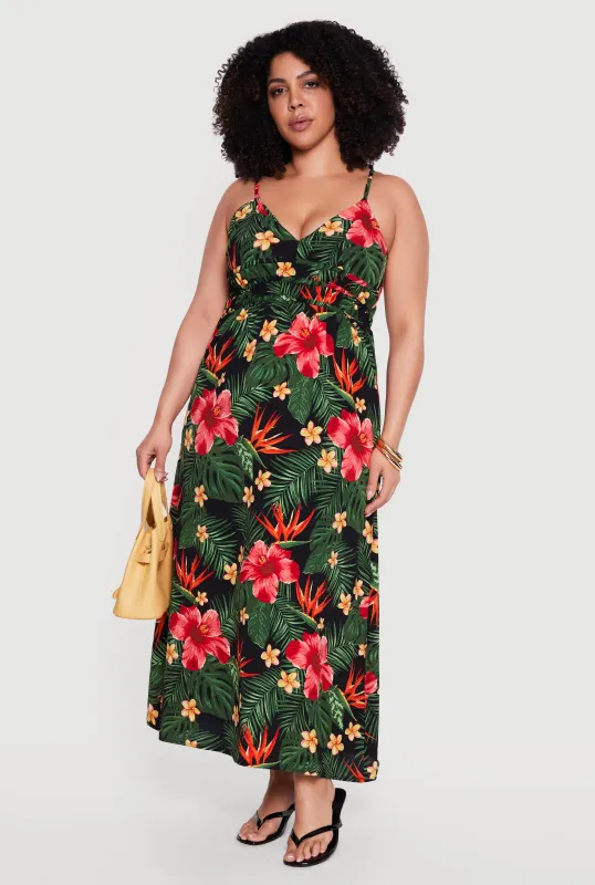 Plus Size Tropical Floral V-Neck Cami Maxi Dress made by Rainbow