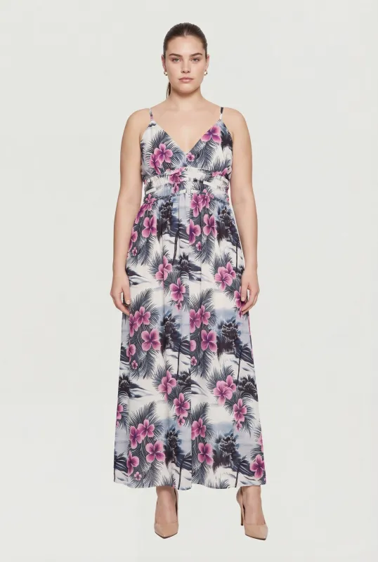 Plus Size Tropical Floral Print Sleeveless Maxi Dress made by Rainbow