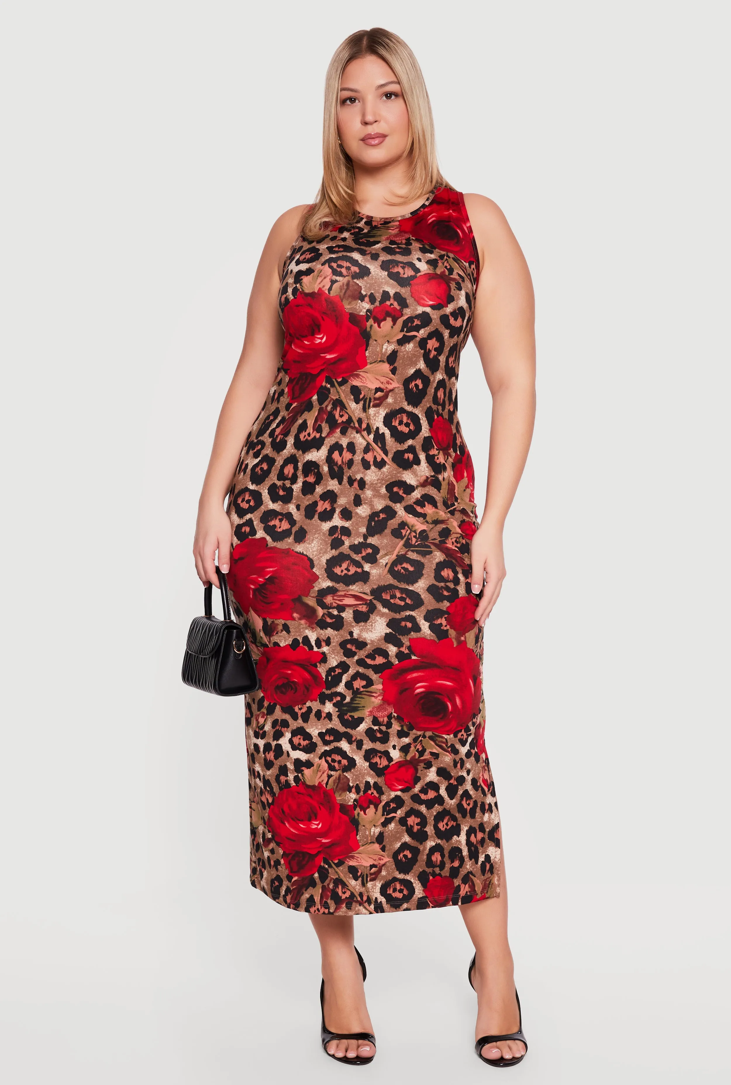Plus Size Sleeveless Animal Rose Print Dress with Side Slit sold by Rainbow