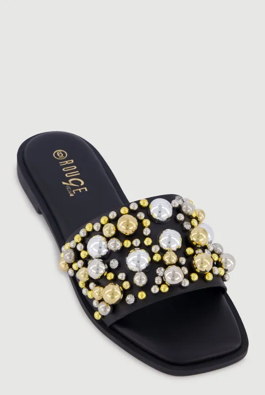 Faux Pearl and Rhinestone Single Band Slide Sandals made by Rainbow