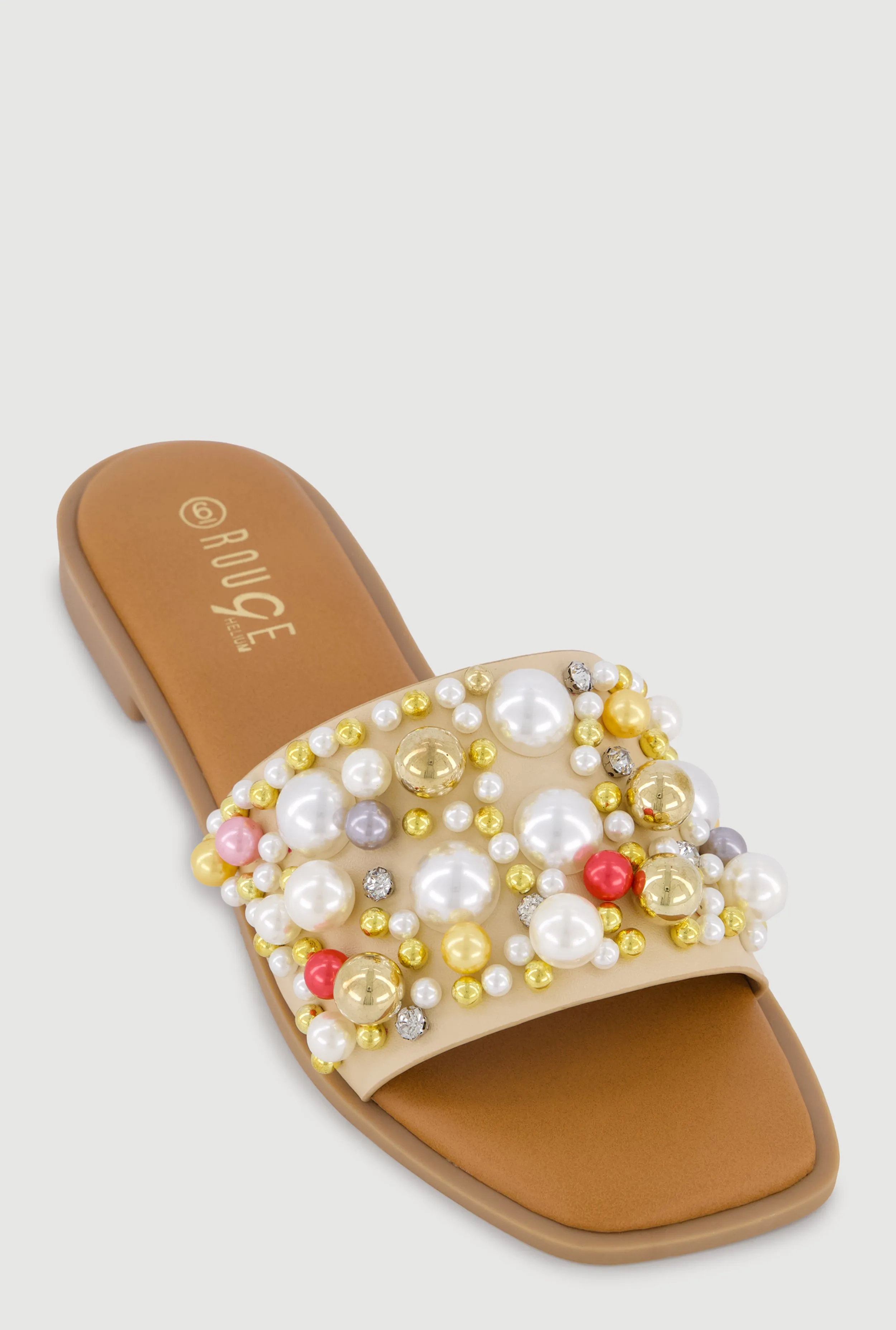 Faux Pearl and Rhinestone Single Band Slide Sandals sold by Rainbow