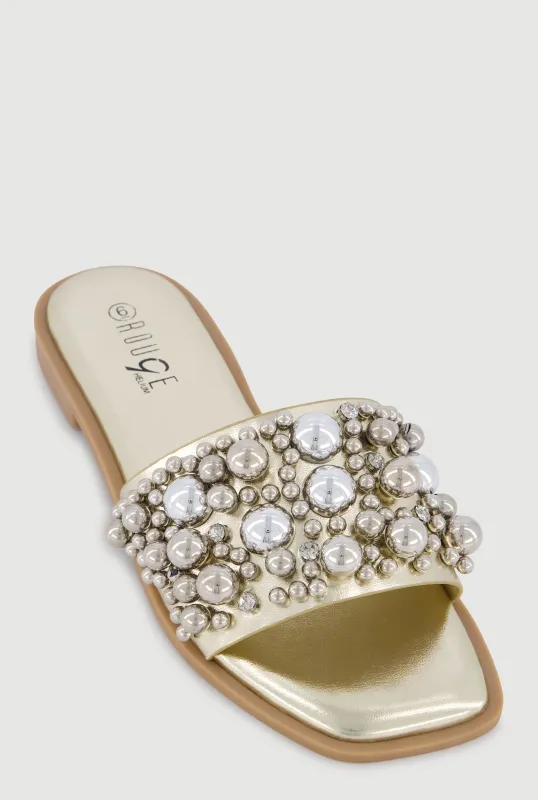 Faux Pearl and Rhinestone Single Band Slide Sandals made by Rainbow