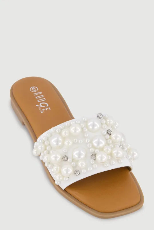 Faux Pearl and Rhinestone Single Band Slide Sandals made by Rainbow