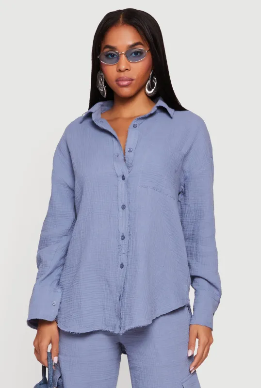 Gauze Knit Long Sleeve Shirt with Raw Hem made by Rainbow